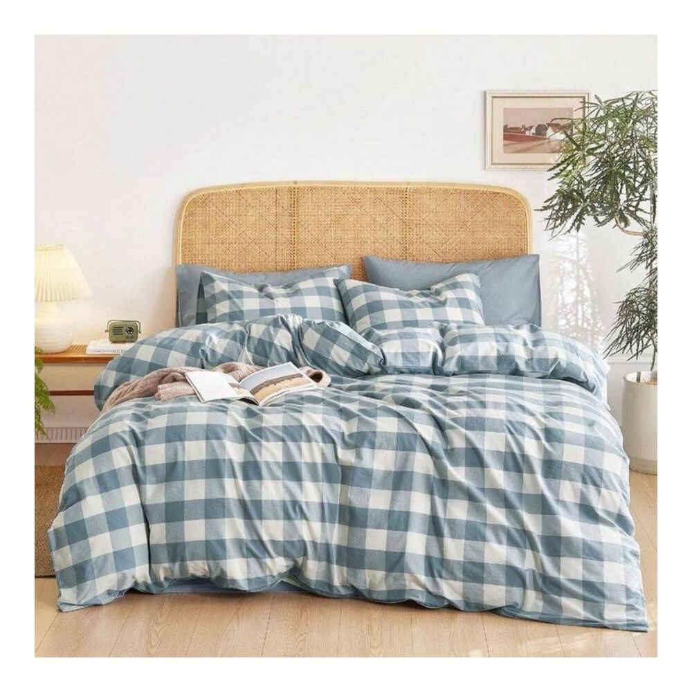 AI'MAGE - Gingham Cotton Duvet Cover Set Plaid Buffalo Check Blue